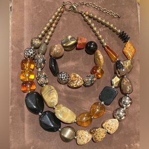 Vintage Necklace & Bracelet Set Ceramic Stone, Glass, Acrylic, Brass